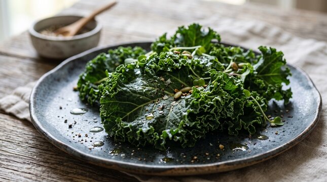 Freshly prepared kale salad with seeds and dressing on a rustic plate