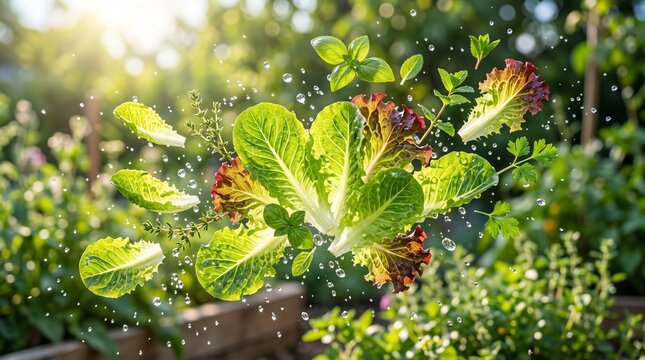 Fresh lettuce leaves and herbs floating in the air with water droplets