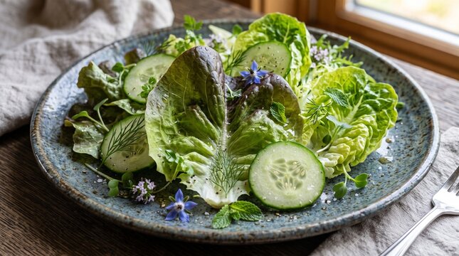 Fresh garden salad with crisp lettuce and cucumber slices on a rustic plate