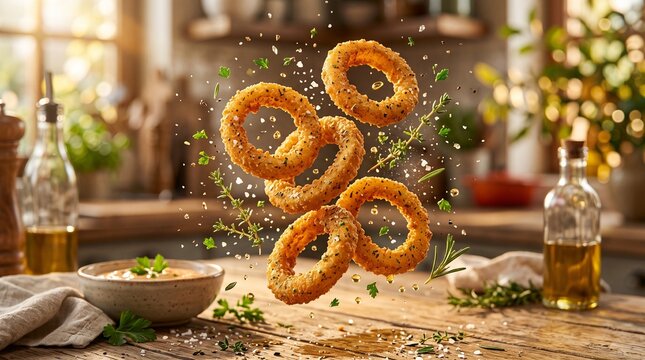 Crispy onion rings with herbs and spices flying in the air