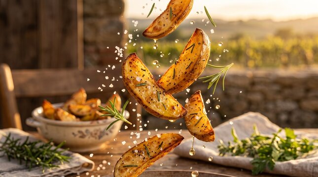 Delicious potato wedges with rosemary and sea salt falling in slow motion
