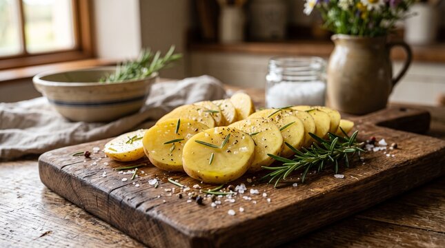 Freshly sliced potatoes seasoned with rosemary and sea salt on a wooden board