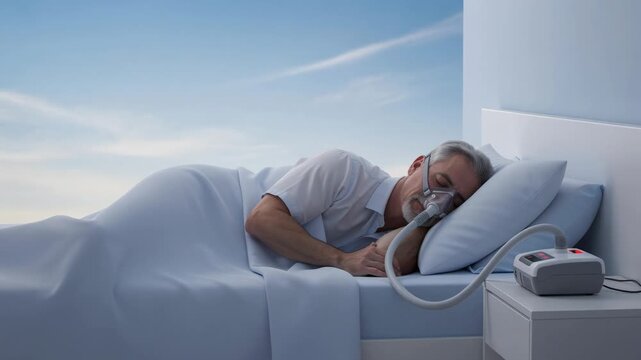 Mature man sleeping peacefully with CPAP machine for sleep apnea therapy in calm bedroom