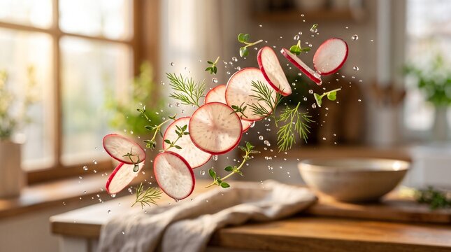 Fresh radish slices and herbs suspended in mid-air with water droplets
