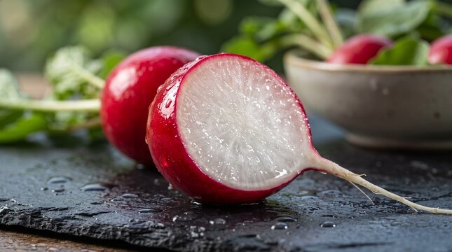 Fresh radishes with water droplets on a dark slate surface
