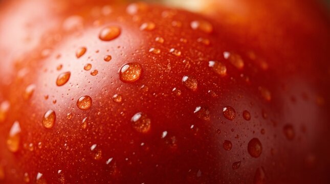 Macro shot of a ripe red tomato covered in glistening water droplets