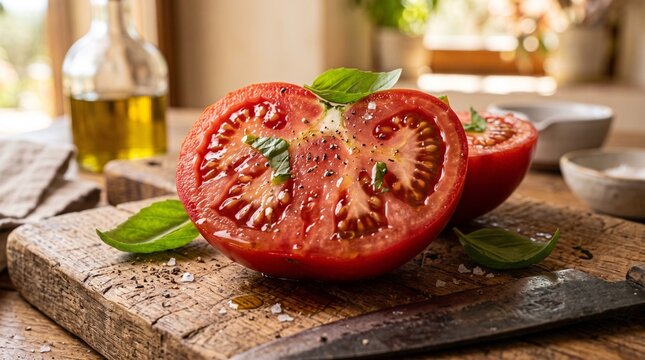 Freshly sliced ripe tomato seasoned with basil and pepper on a wooden board