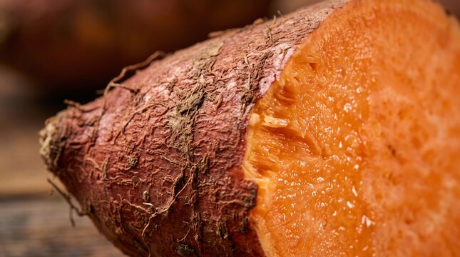 Close-up macro shot of a vibrant orange sweet potato cut in half showing texture