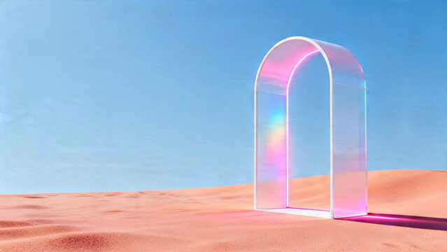 Minimalist 3D Glass Arch on Pastel Peach Sand