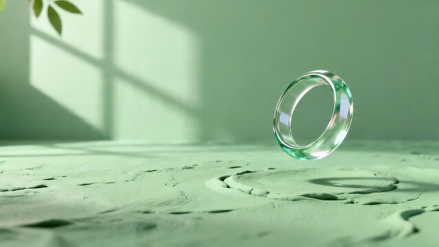 Minimalist 3D Glass Ring over Sage Green Clay Wall