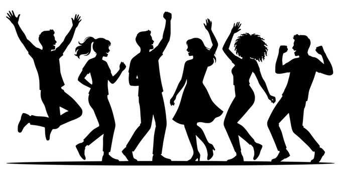 Black silhouettes of six dancing figures in dynamic poses, symbolizing joy, rhythm, and celebration in bold vector art.