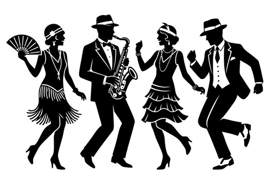 Black silhouettes of 1920s jazz party figures with flapper dresses, suits, and saxophone, symbolizing Roaring Twenties style and celebration in bold vector art.
