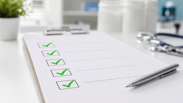 Task list with green check marks on paper showing completed check tasks in bright office environment
