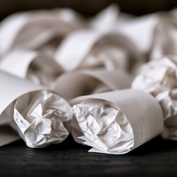 Close-up of crumpled paper rolls and discarded sheets on a dark textured surface, abstract background