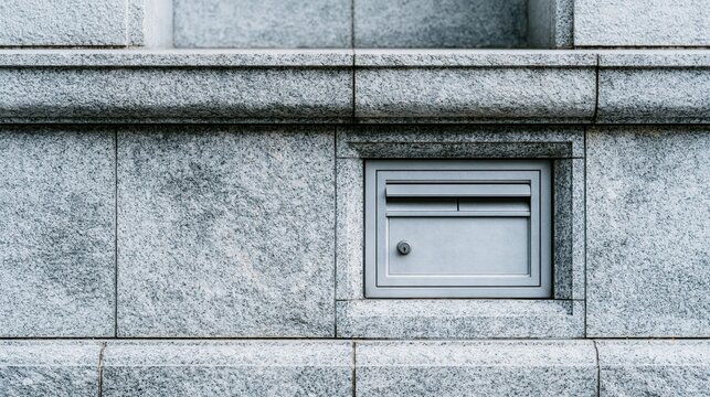 Close-up architectural detail of a discreet modern mail slot set into a textured granite building facade