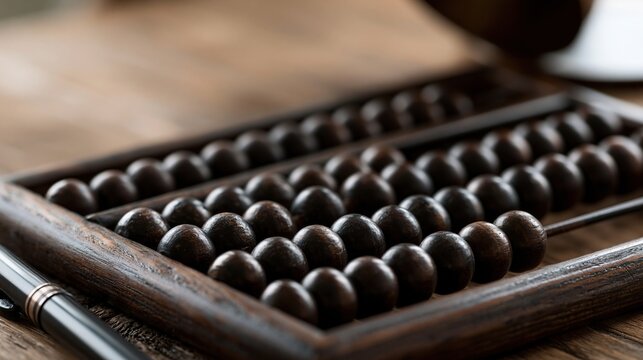 Close-up shot of an antique wooden abacus on a rustic wooden surface with a pen nearby