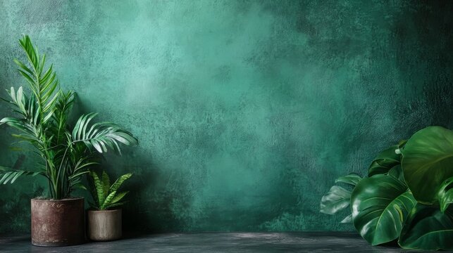 Lush plants sit against a textured teal wall, creating a serene, natural backdrop