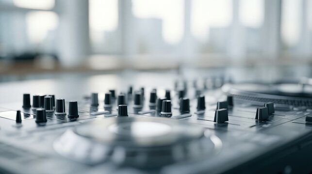 Close-up view of a professional DJ controller with numerous knobs and buttons, ready for a performance