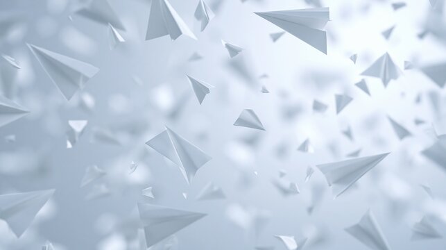 Numerous white paper airplanes soaring and flying through a bright, blurred sky background