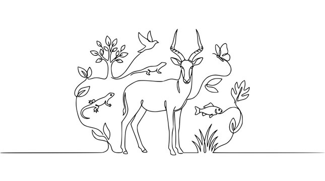 Continuous Line Art: Wildlife Ecosystem with Antelope, Birds, Lizards, Fish, Butterfly, Plants