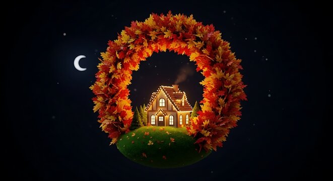 House in autumnal wreath with glowing lights inside fantasy circle under night sky and crescent moon isolated on dark background