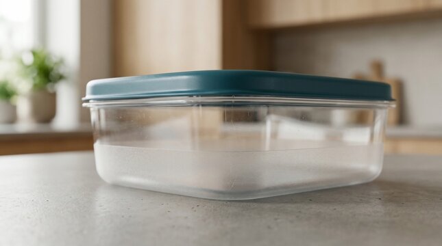 Clear food container with teal lid on kitchen countertop surface