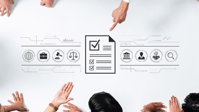 Hands of diverse professionals around a table discussing legal concepts, business strategy, and decision making with icons representing law, teamwork, and global connectivity. Entropy.