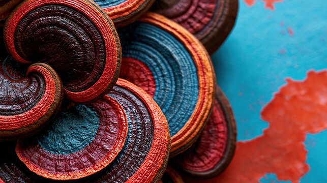Abstract close-up of layered, colorful fungi textures and patterns, evoking natural organic art