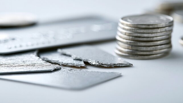 Broken Credit Card and Stack of Coins Representing Financial Difficulty or Debt