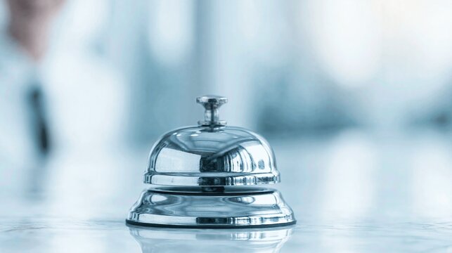 Close-up of a shiny silver hotel reception desk bell on a marble surface with a blurred background of a hotel lobby and staff