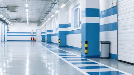 Obraz premium Clean and Modern Industrial Warehouse Interior with Blue and White Striped Columns and Polished Concrete Floor