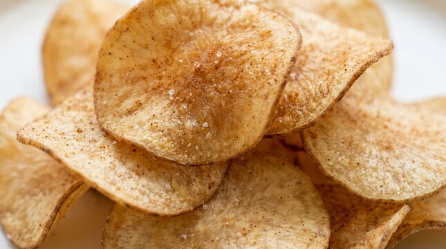 Crispy potato chips stacked delicious snack food close up texture