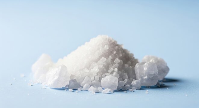 A macro shot of white salt crystals piled together, highlighting the sharp crystalline edges and rough mineral surface with soft lighting, condiment, mineral, food