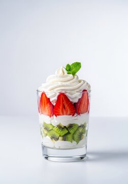 Layered dessert in a glass cup with bright red strawberry slices, whipped white cream, and vibrant green kiwi chunks topped with fresh mint, organic, fresh, red