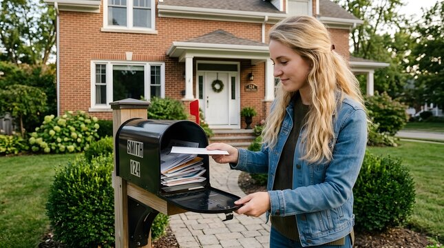 Young woman checking mailbox and holding letters in front of suburban brick house