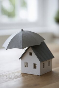 Small model house under a grey umbrella on wooden table representing property protection and insurance coverage concepts