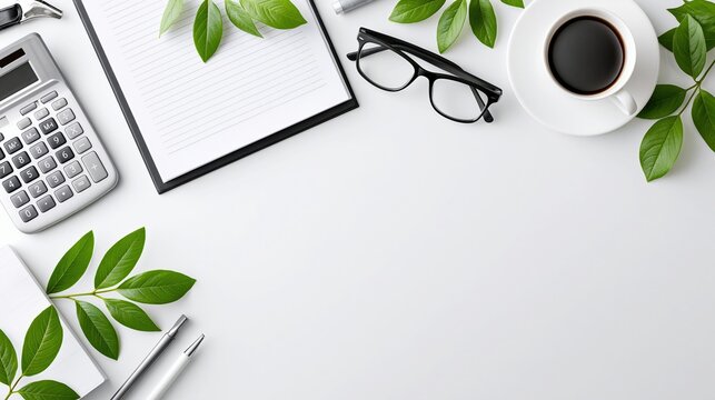 Top Down View Of A Clean Desk With Office Supplies, Green Leaves, And A Cup Of Coffee
