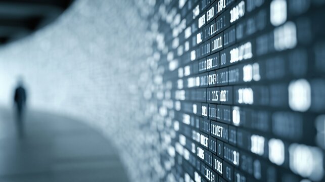 Abstract digital data wall with glowing numbers and symbols, representing technology and information flow