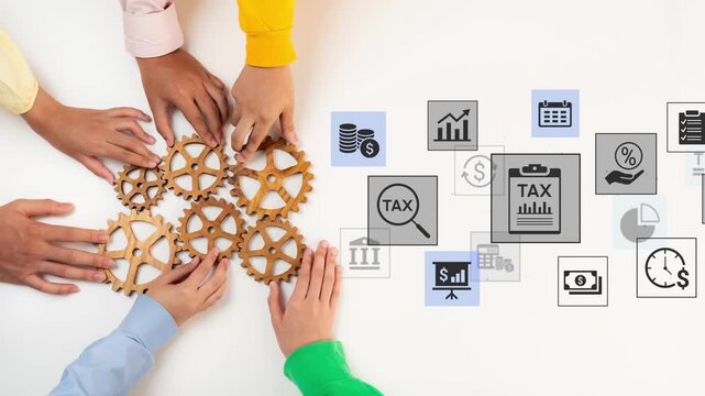 A vibrant overhead shot of diverse hands collaborating over wooden gears, highlighting teamwork in tax planning, surrounded by financial graphics and analytical elements on a white surface. Entropy.