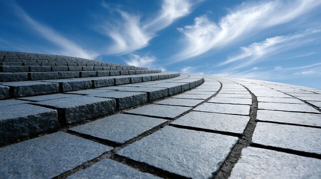Stone pathway and steps ascend towards a bright blue sky with wispy clouds