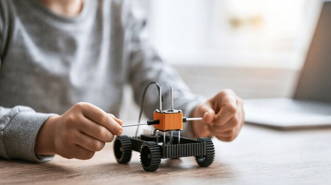 Child learning about robotics by building and assembling a small wheeled electronic kit at home