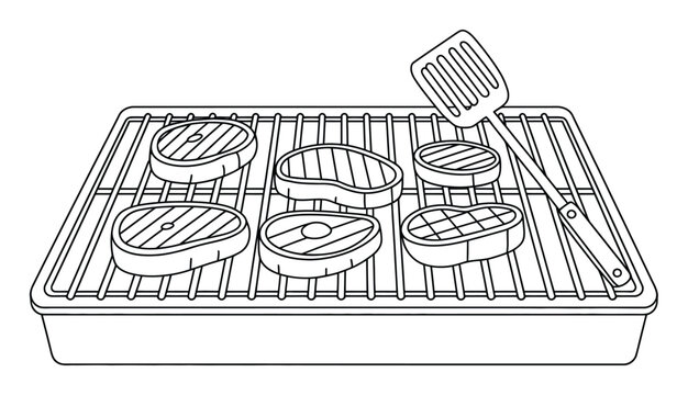 Dibujo lineal en blanco y negro de filetes cocin&aacute;ndose en una parrilla de barbacoa