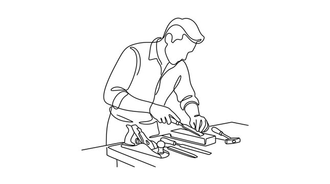 Continuous line drawing of a carpenter working with wood tools.