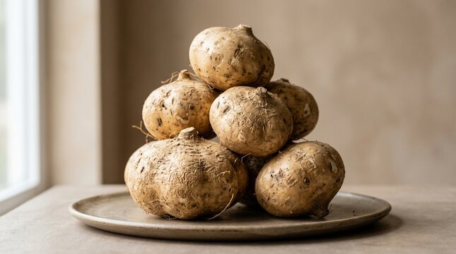Pile of fresh jicama root vegetables stacked on a plate for healthy eating