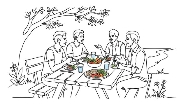 Line art illustration of four men having a picnic lunch together outdoors.