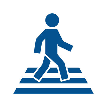 Blue pedestrian crossing symbol, person walking on zebra stripes, safety and traffic sign element