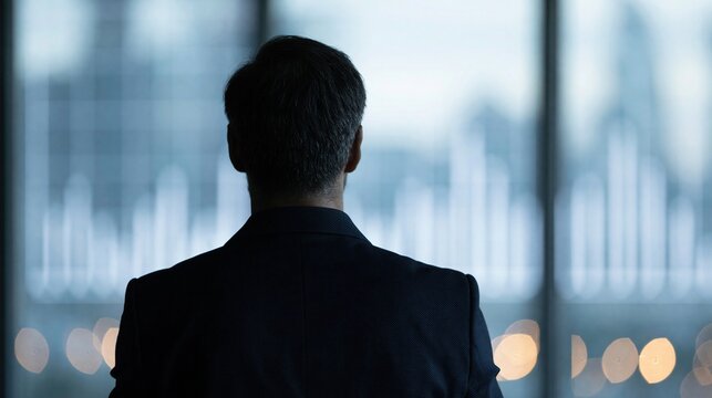 Silhouette of a businessman in a suit standing before a window overlooking a blurred cityscape at dusk