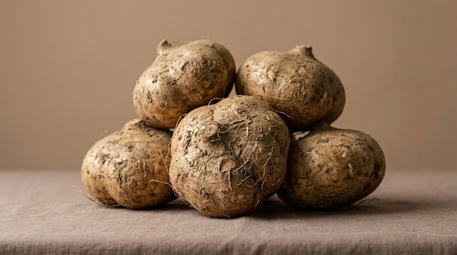 Pile of root vegetables on textured surface natural lighting