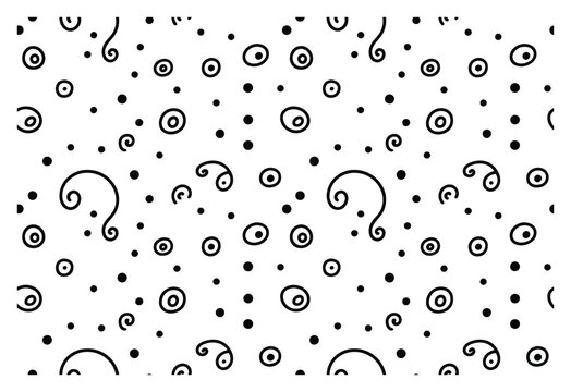 Patr&oacute;n abstracto dibujado a mano con c&iacute;rculos negros y remolinos sobre fondo blanco