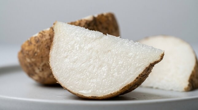Raw yam root slices with natural texture and earthy brown skin